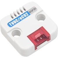 Weißer TVOC/eCO2-Sensor mit zwei Montageöffnungen und rotem Anschlusskabel. Beschriftet mit 'SGP30' auf der Oberseite.
